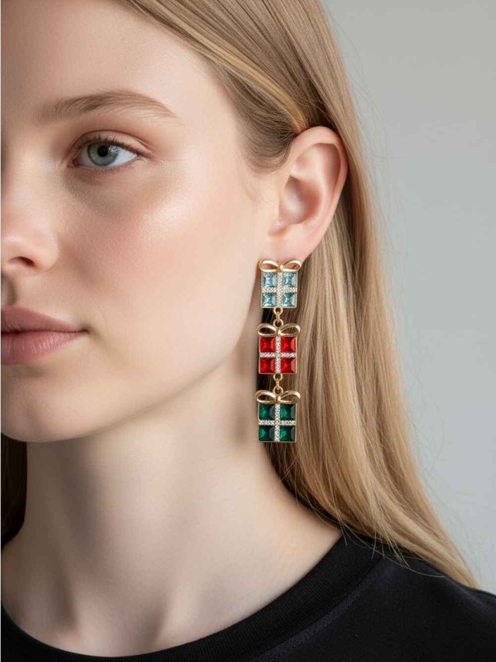 10/8 Gold Triple Gift-Box Drop Earrings in Red, Green & Light Blue